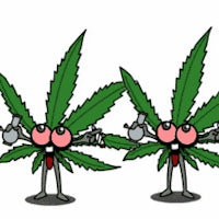 two cartoon characters with marijuana leaves in their hands